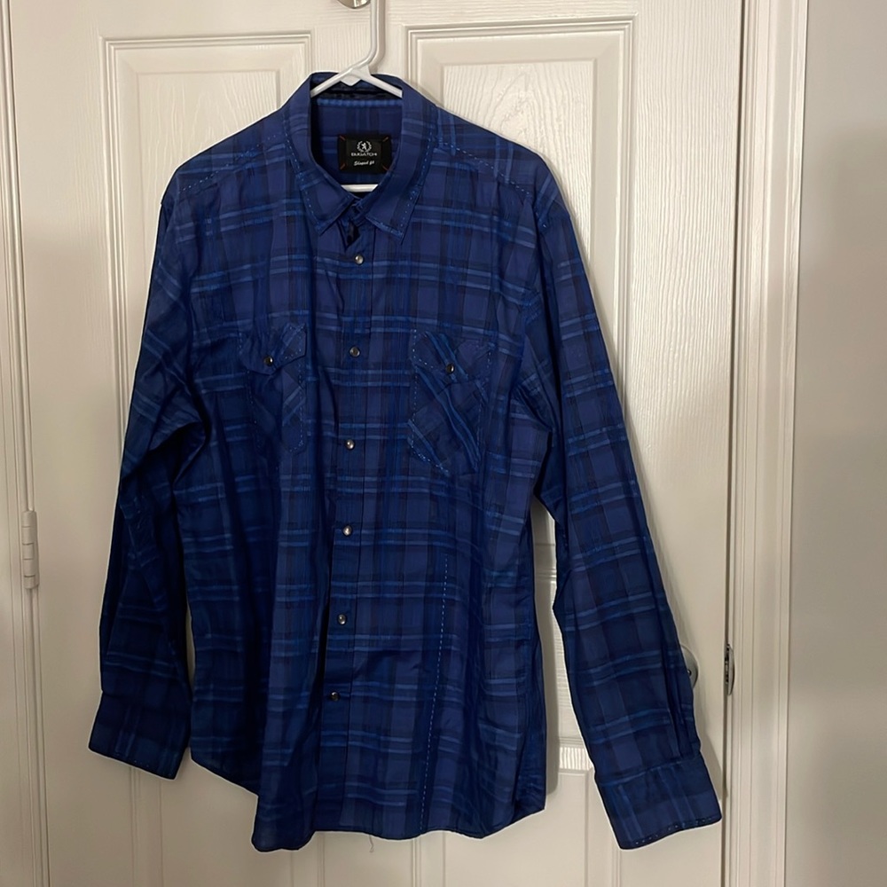 Bugatchi Shaped Fit Blue Plaid Shirt